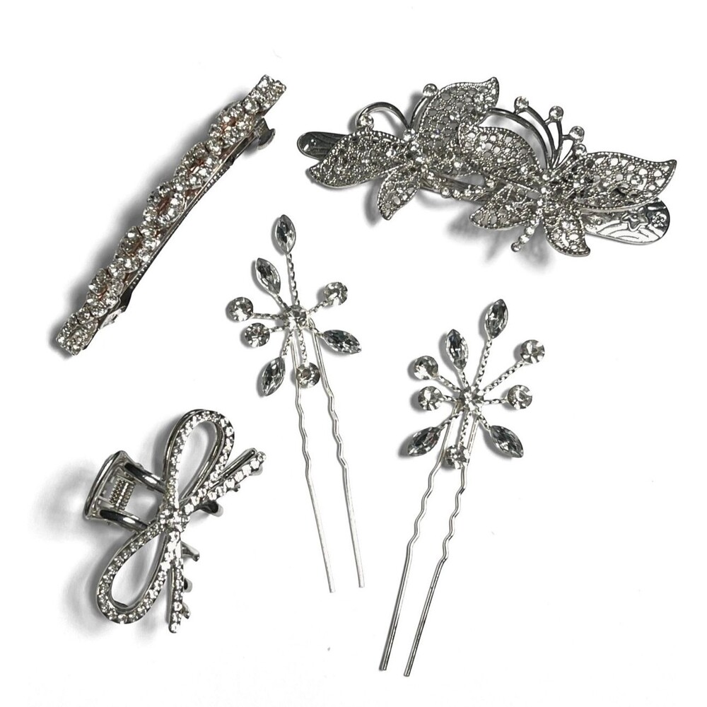 VTG to Now Rhinestone Hair Accessories Barrettes Pins Clips Silver Tone Formal